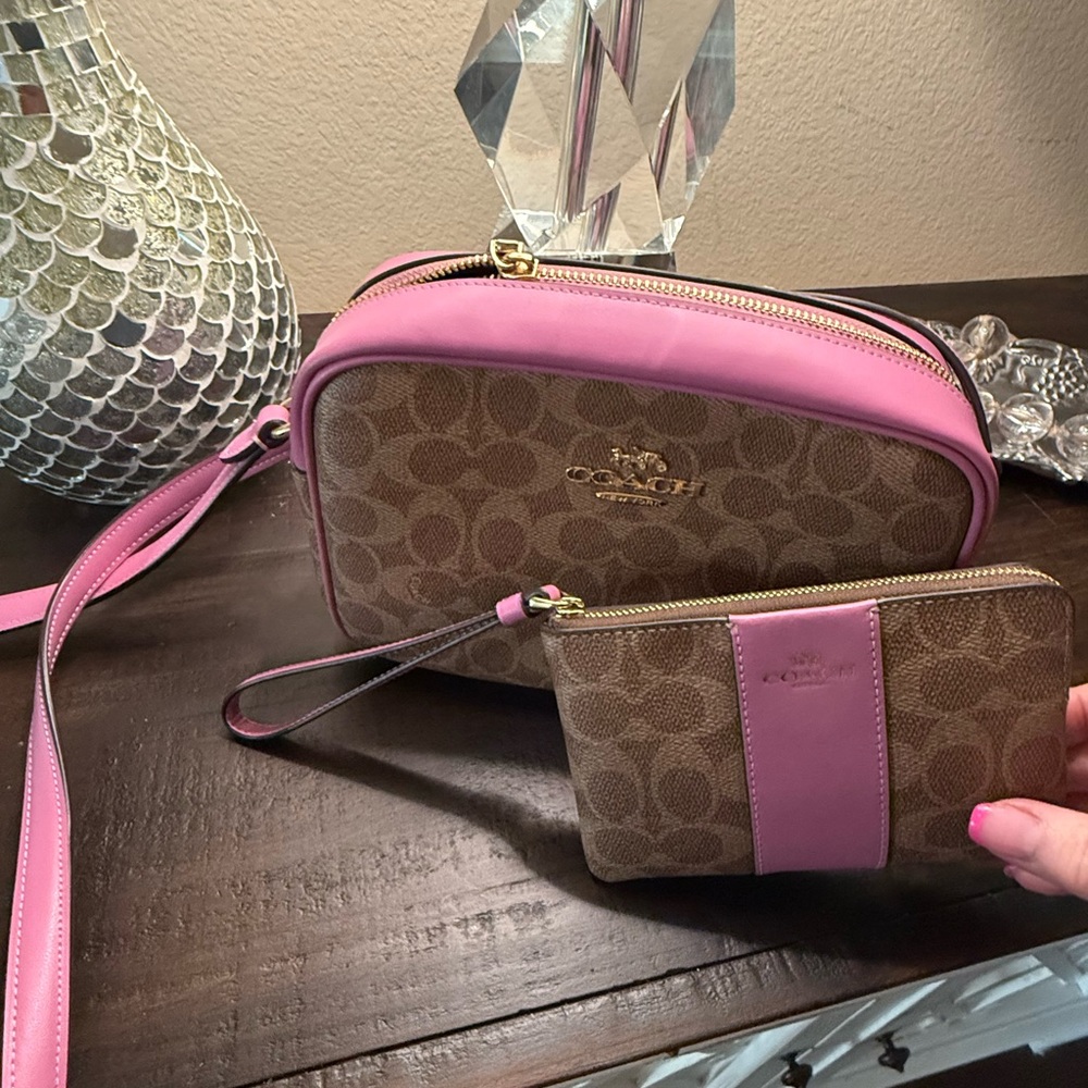 Coach Jamie Camera Bag + Wristlet Tan and Fuchsia